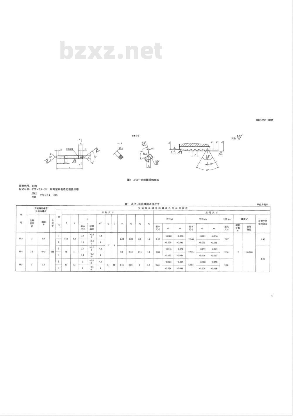 HB 4242-2004 轻合金安装钢丝螺套用内螺纹通孔的机、手用丝锥