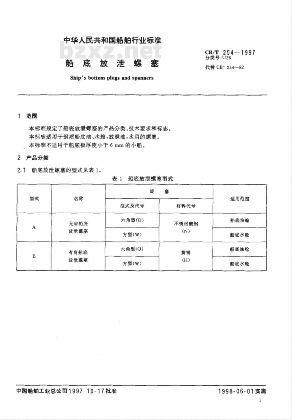 CB/T 254-1997 船底放泄螺塞