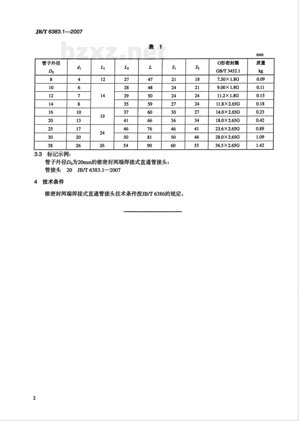 JB/T 6383.1-2007 锥密封两端焊接式直通管接头