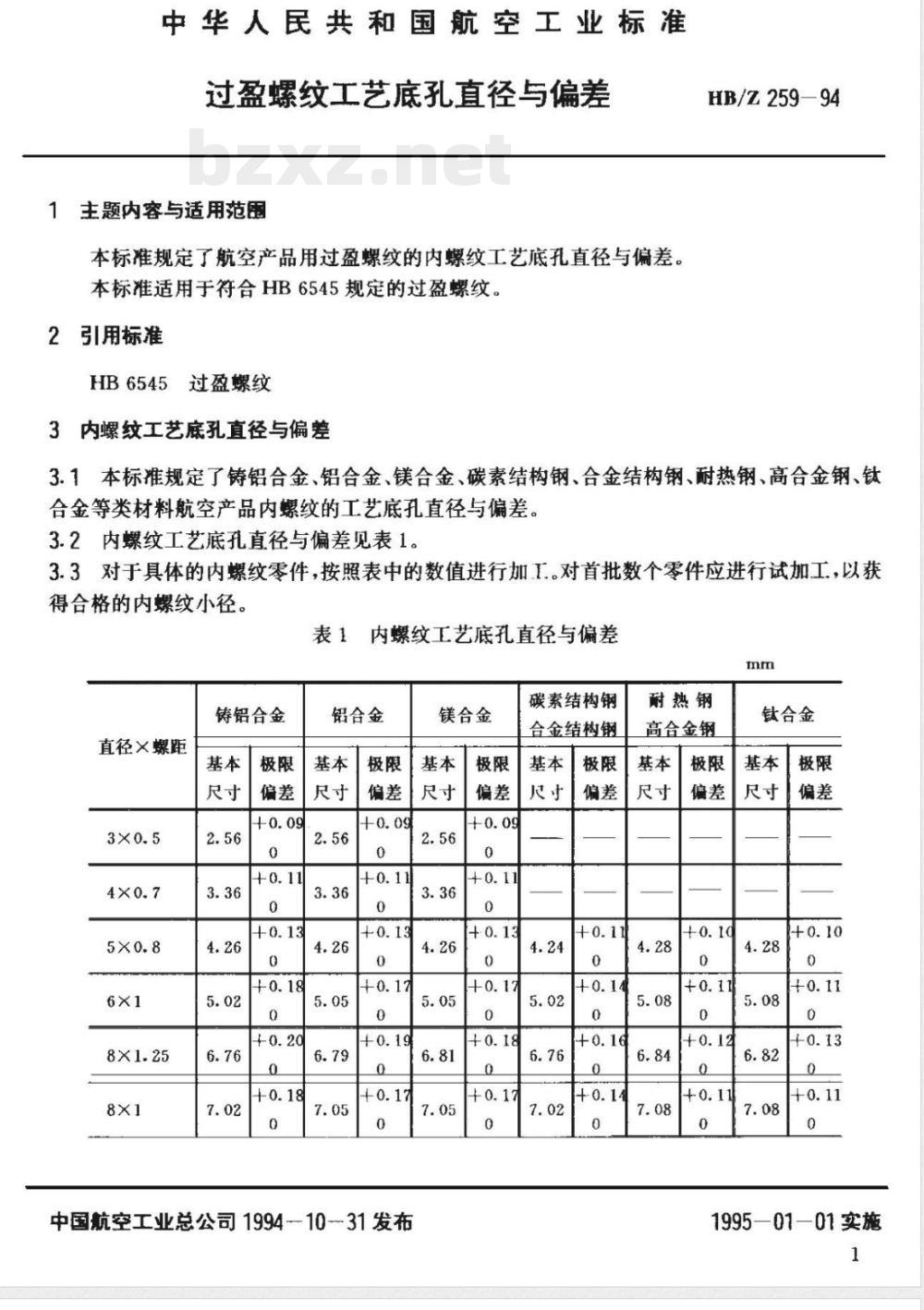 HB/Z 259-1994 过盈螺纹工艺底孔直径与偏差