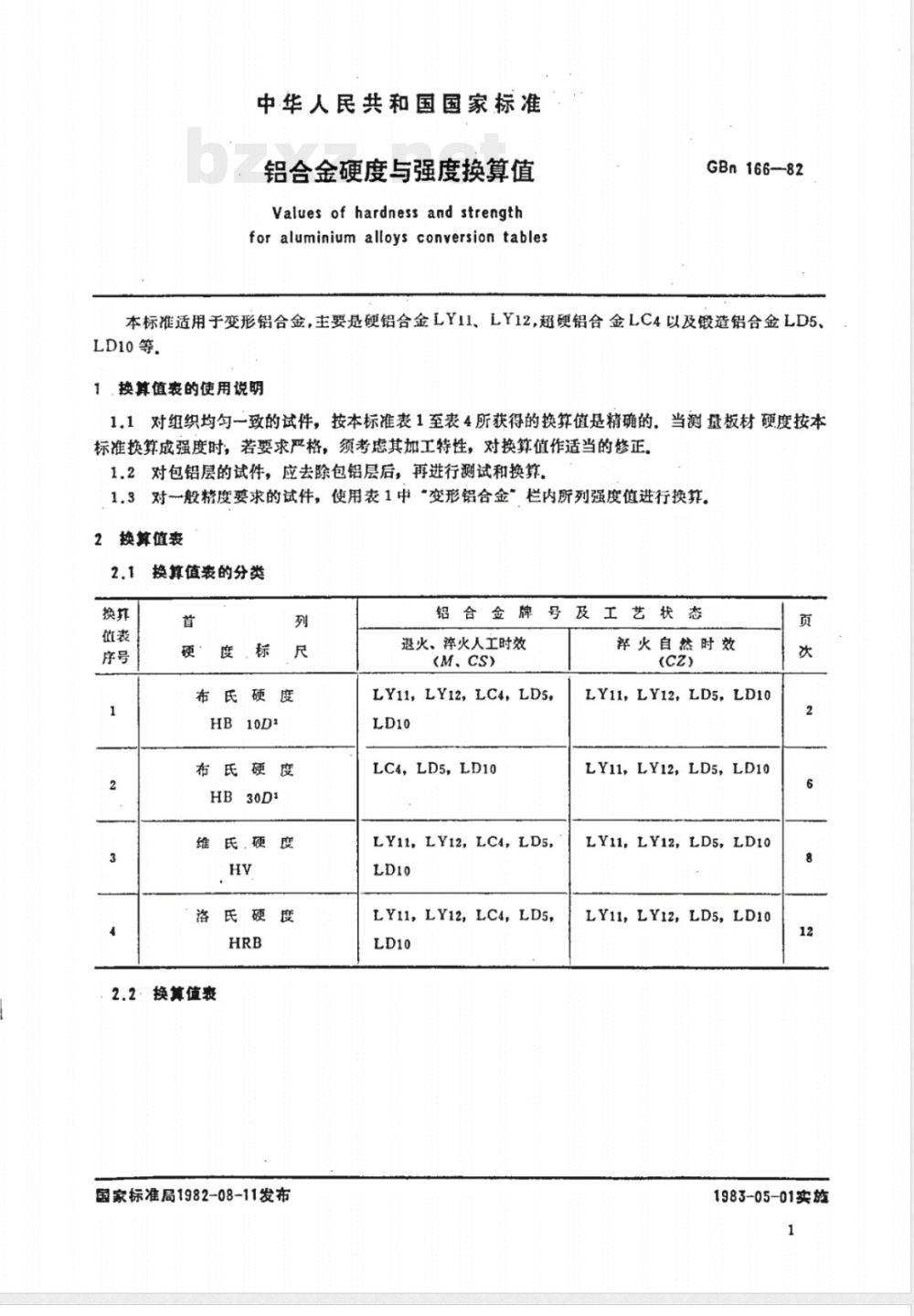 GBN 166-1982 铝合金硬度与强度换算值
