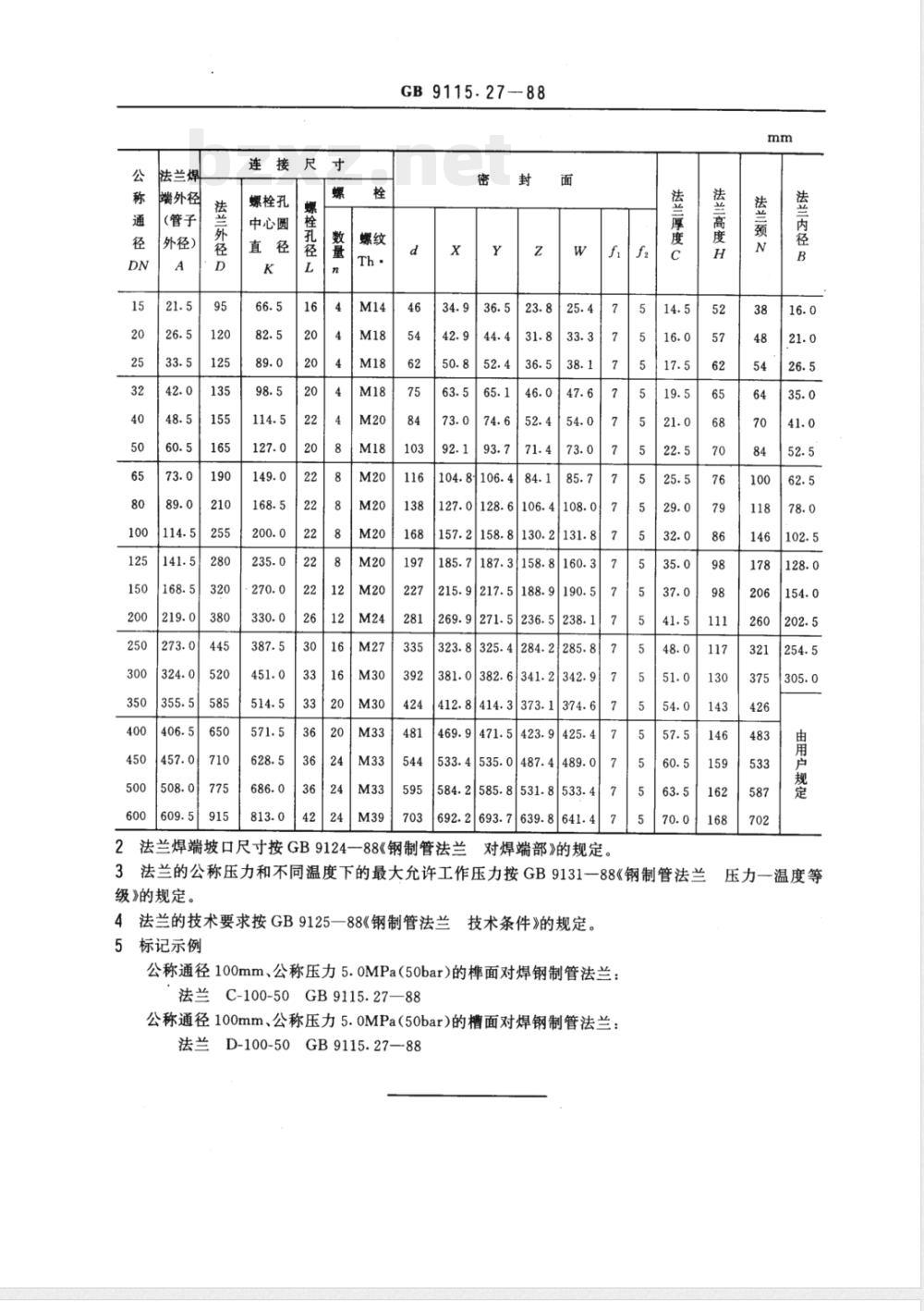 GB 9115.27-1988 PN5.0MPa(50bar)榫槽面对焊钢制管法兰
