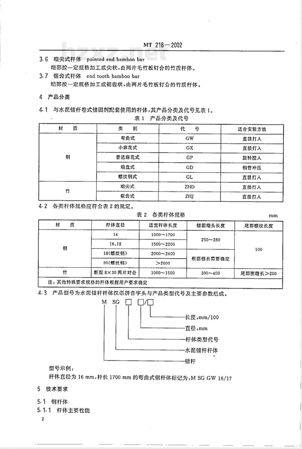 MT 218-2002 水泥锚杆 杆体