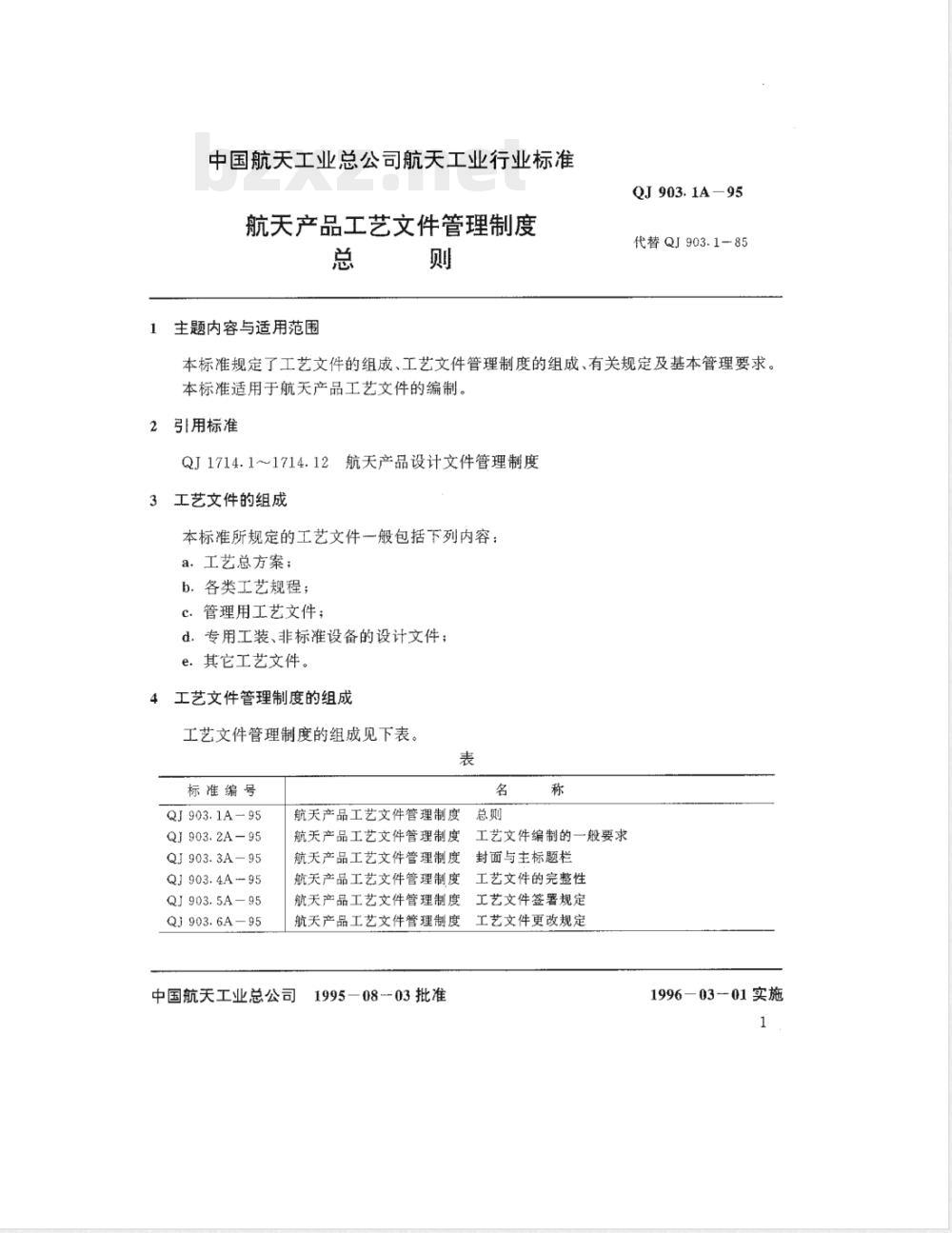 QJ 903.1A-1995 航天产品工艺文件管理制度 总则