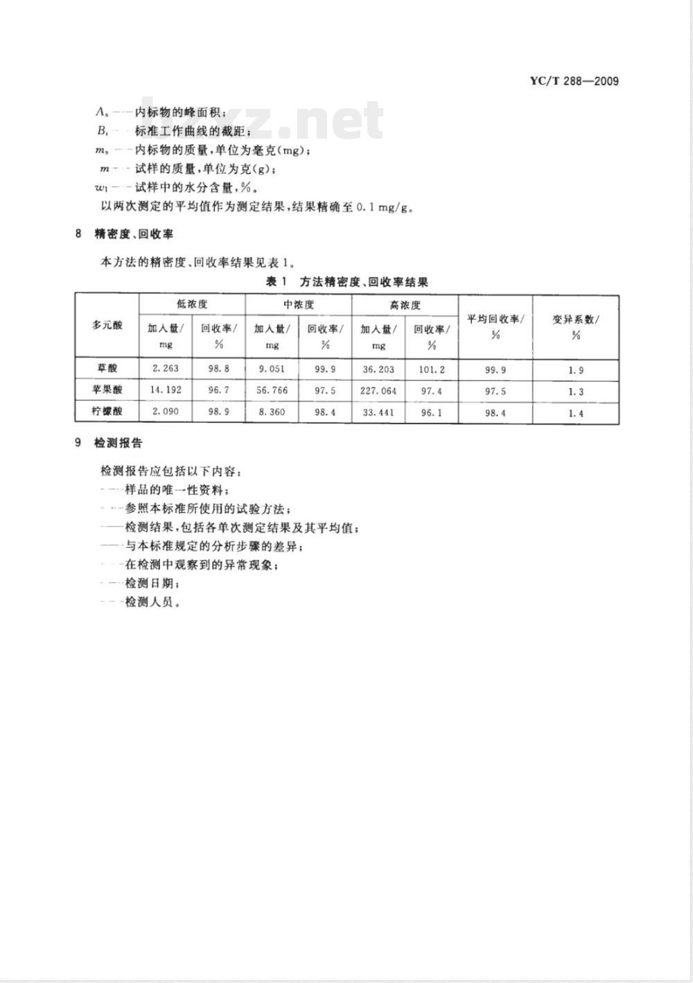 YC/T 288-2009 烟草及烟草制品 多元酸（草酸、苹果酸和柠檬酸）的测定 气相色谱法
