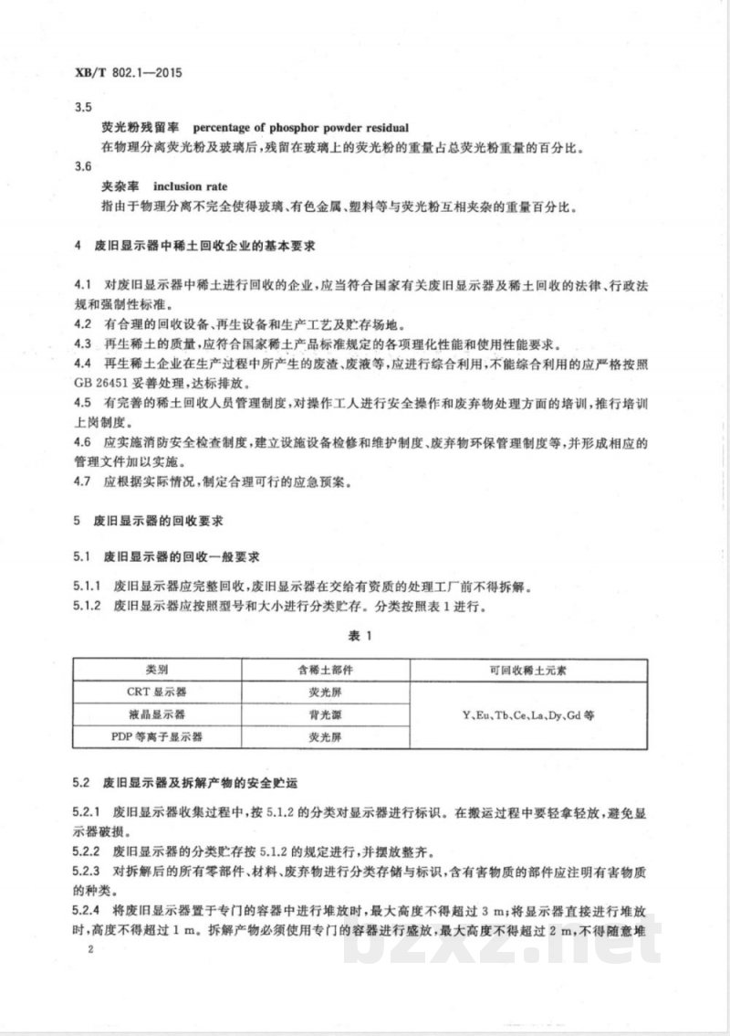 XB/T 802.1-2015废旧稀土回收处理 第1部分：废旧显示器中稀土的回收技术要求 