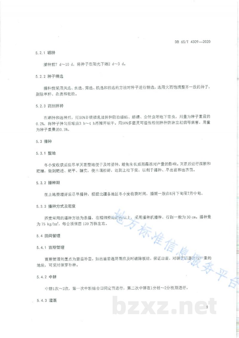 DB65/T 4309-2020麦茬复播甜荞高产栽培技术规程