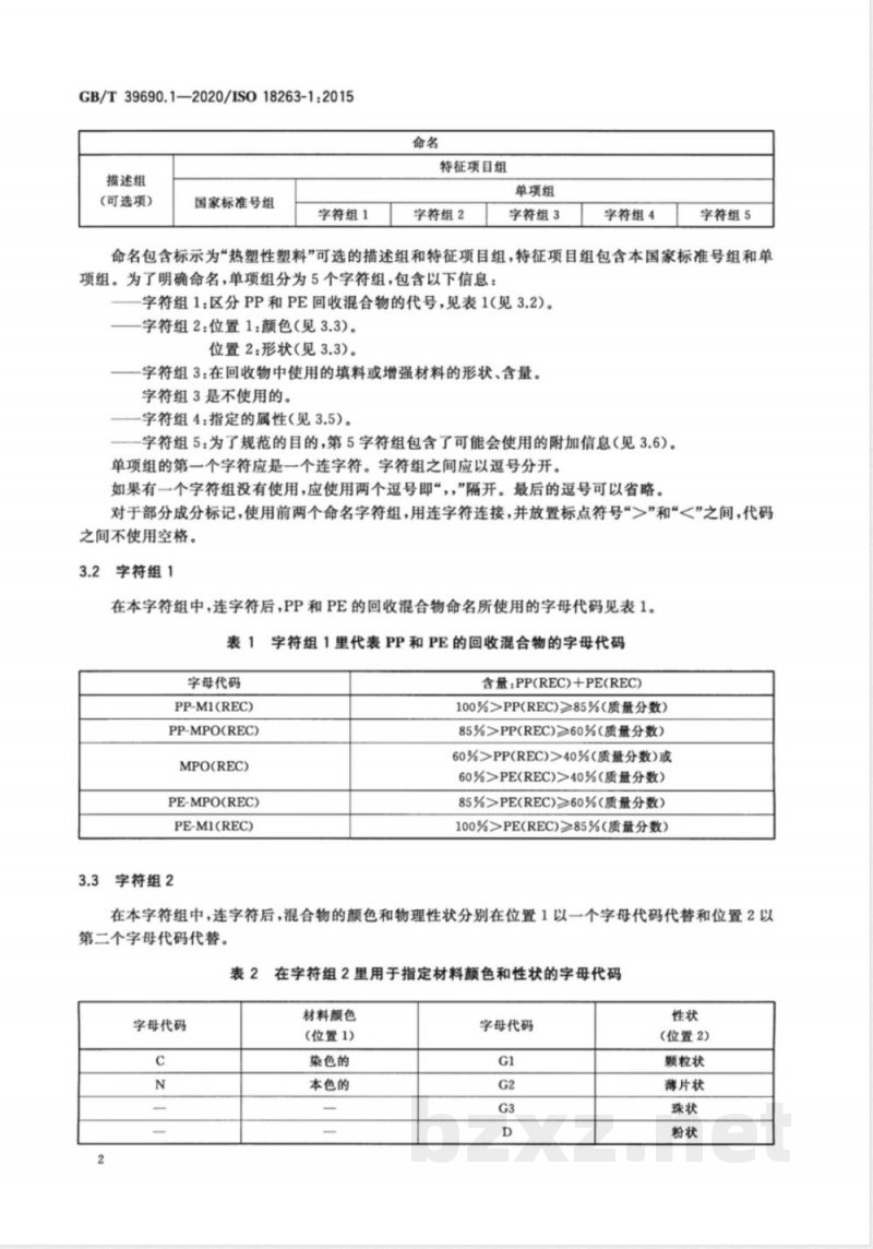 GB/T 39690.1-2020塑料  源自柔性和刚性消费品包装的聚丙烯（PP）和聚乙烯（PE）回收混合物  第1部分：命名系统和分类基础 