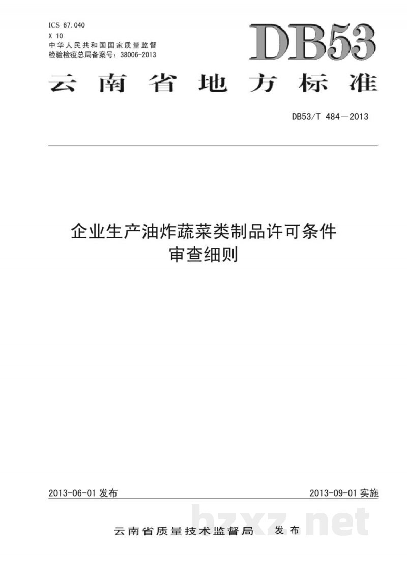 DB53/T 484-2013企业生产油炸蔬菜类制品许可条件审查细则