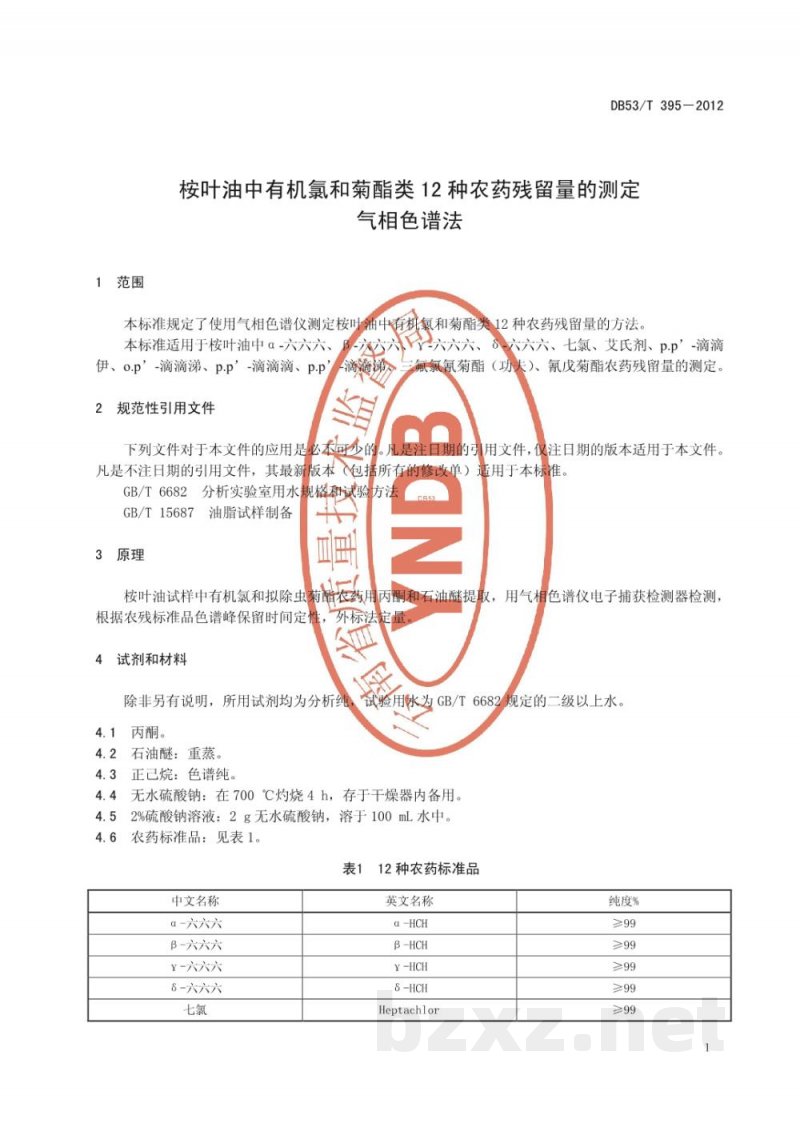 DB53/T 395-2012桉叶油中有机氯和菊酯类12种农药残留量的测定 气相色谱法